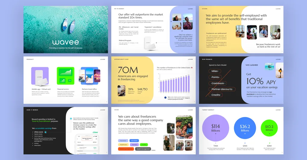 Wavee pre-seed pitch deck showing market size, product, traction, and business model slides