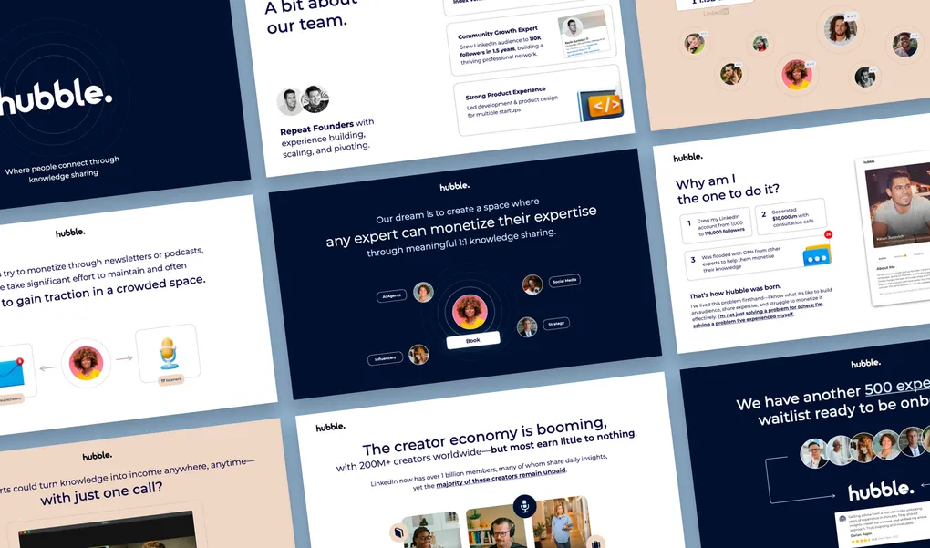 Hubble investor pitch deck design with team, market and product slides by 100PitchDecks