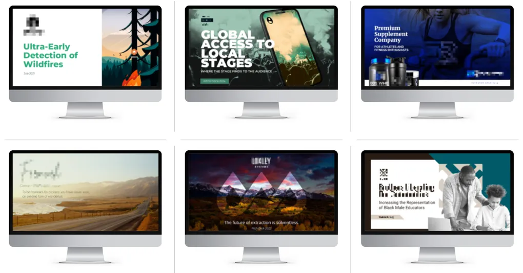Six pitch deck covers on monitors by Pitch Deck Fire
