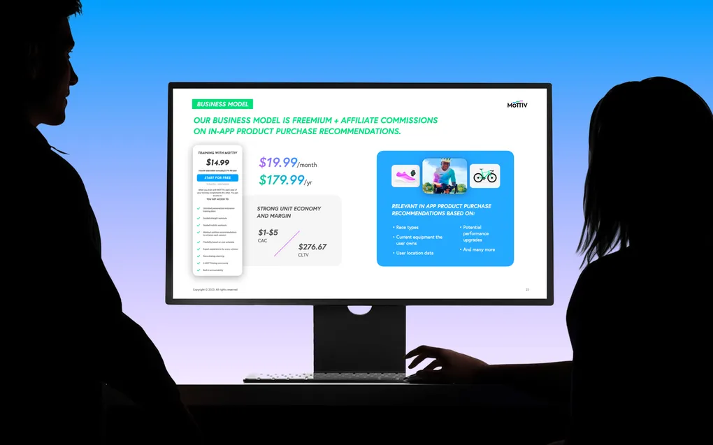 Two people in silhouette at a monitor showing the business model slide of the Mottiv pitch deck