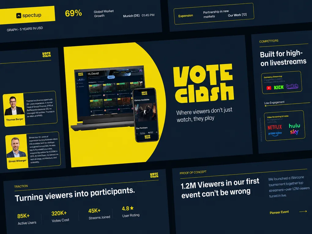 Slides of the Vote Clash pitch deck by spectup