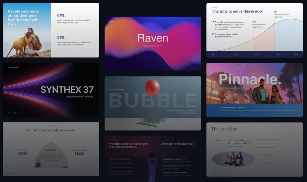 Pitch deck covers and slides by Waveup, including Raven, Synthex 37, Bubble and Pinnacle