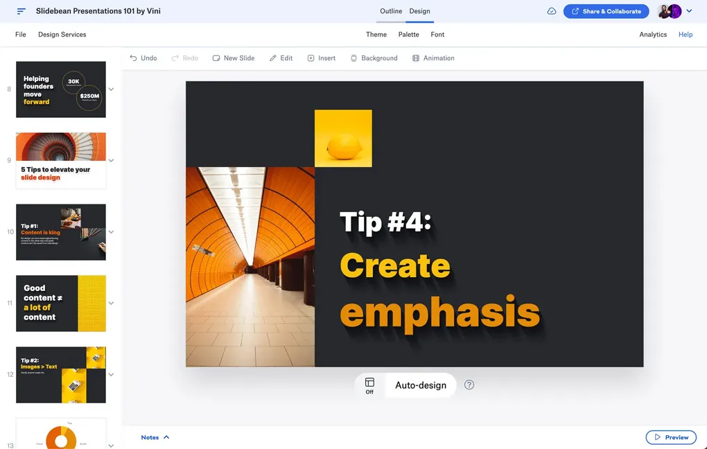 Slidebean editor with a slide reading “Tip #4: Create emphasis”