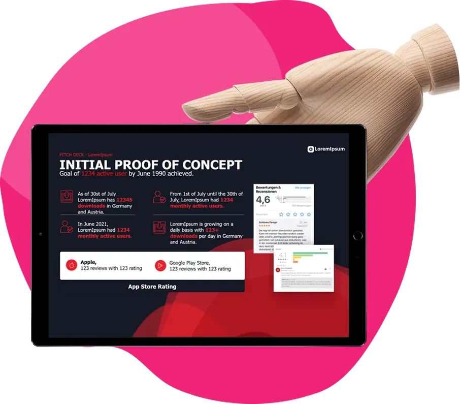 Tablet with a proof-of-concept pitch deck slide by UnicornPitch