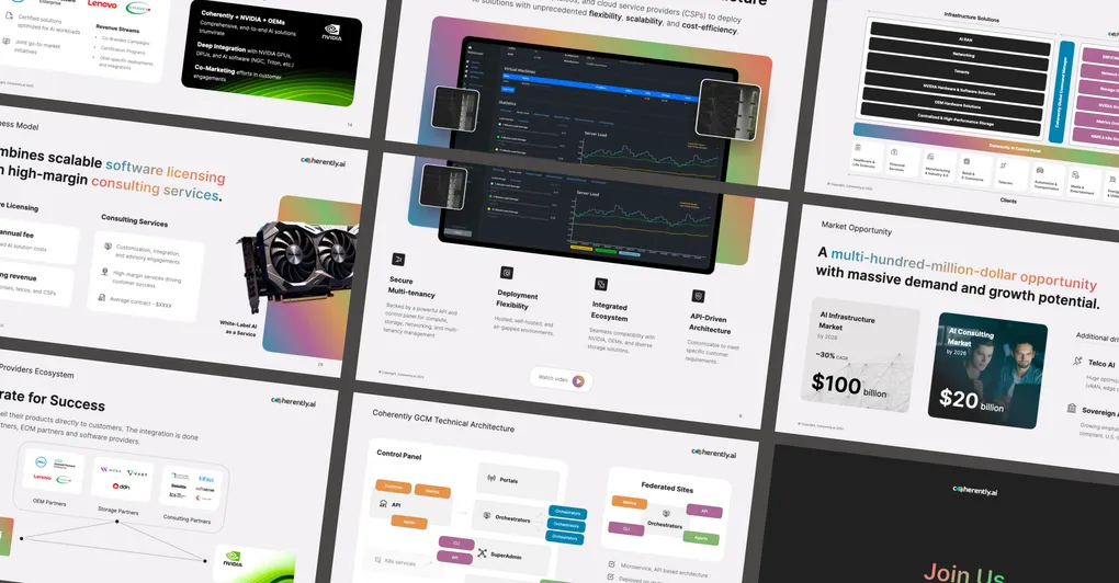Collage of Coherently.ai pitch deck slides, including the business model and the market opportunity